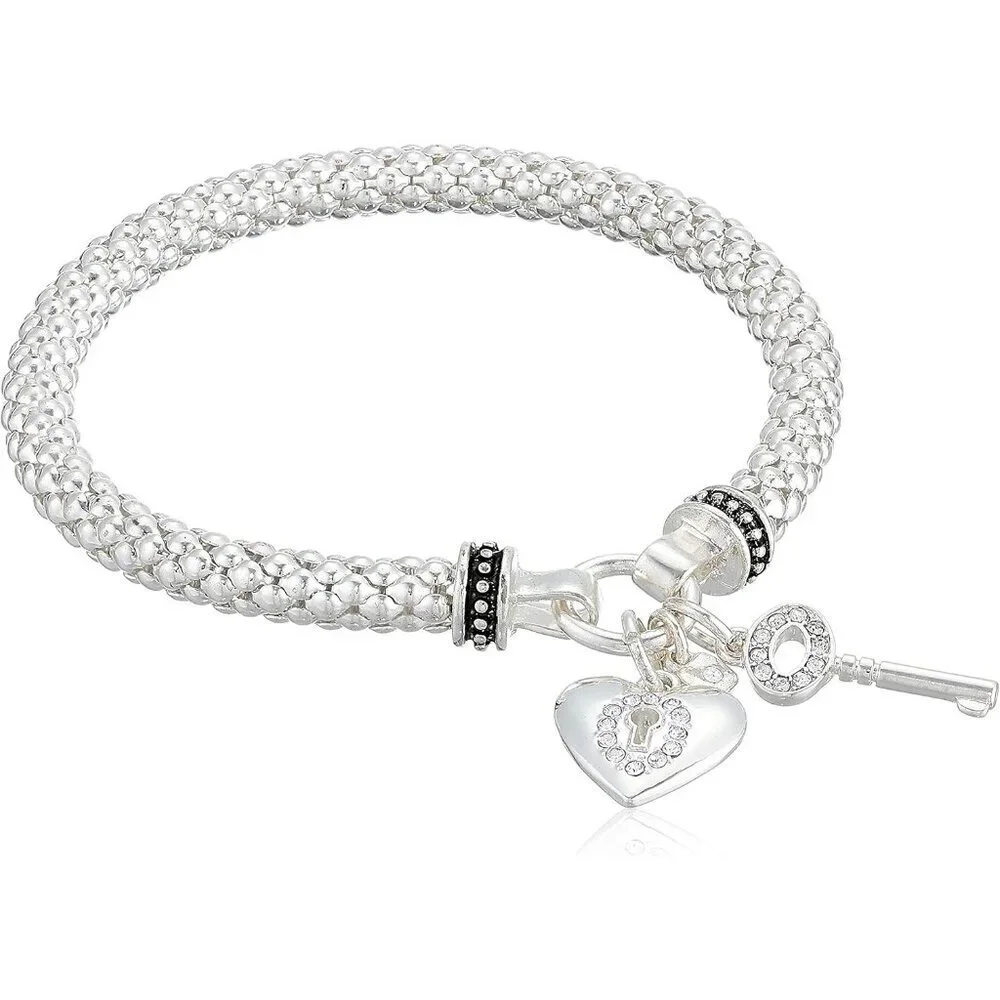 Women's Silver Tone Crystal Heart Key No Clasp Glass Base Stretch Bracelet